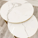 Load image into Gallery viewer, Cato Nest of 2 Short Round Coffee Gold Tables with Polar White Sintered Stone Tops