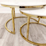 Load image into Gallery viewer, Cato Nest of 2 Short Round Coffee Gold Tables with Polar White Sintered Stone Tops