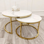 Load image into Gallery viewer, Cato Nest of 2 Short Round Coffee Gold Tables with Polar White Sintered Stone Tops