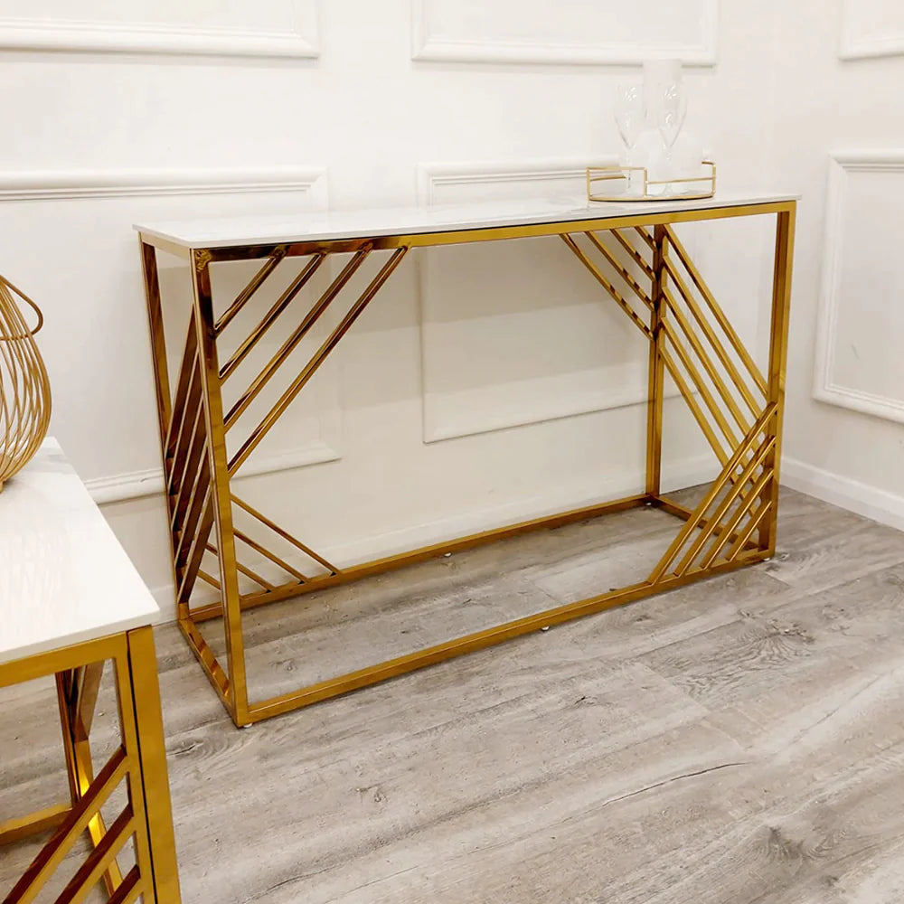 Plush-CNT-35 Gold Console Table with Polar White Sintered Top