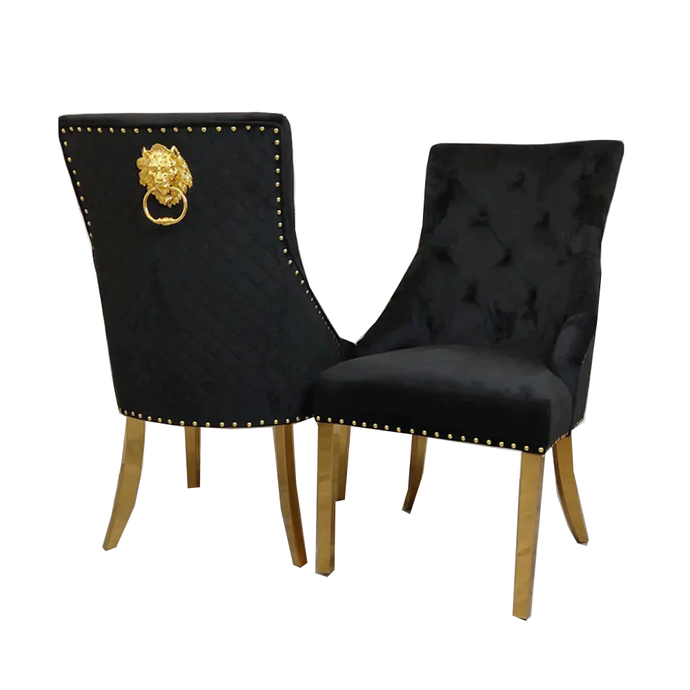 Plush-DC-01 Gold Dining Chair with Lion Knocker & Quilted Back