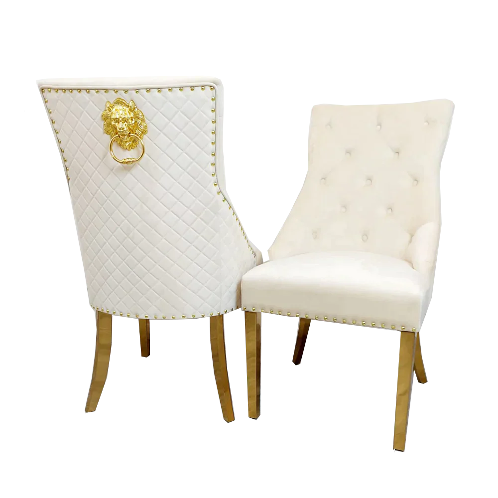 Plush-DC-01 Gold Dining Chair with Lion Knocker & Quilted Back