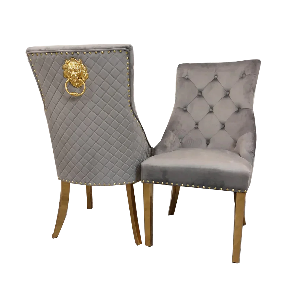 Plush-DC-01 Gold Dining Chair with Lion Knocker & Quilted Back