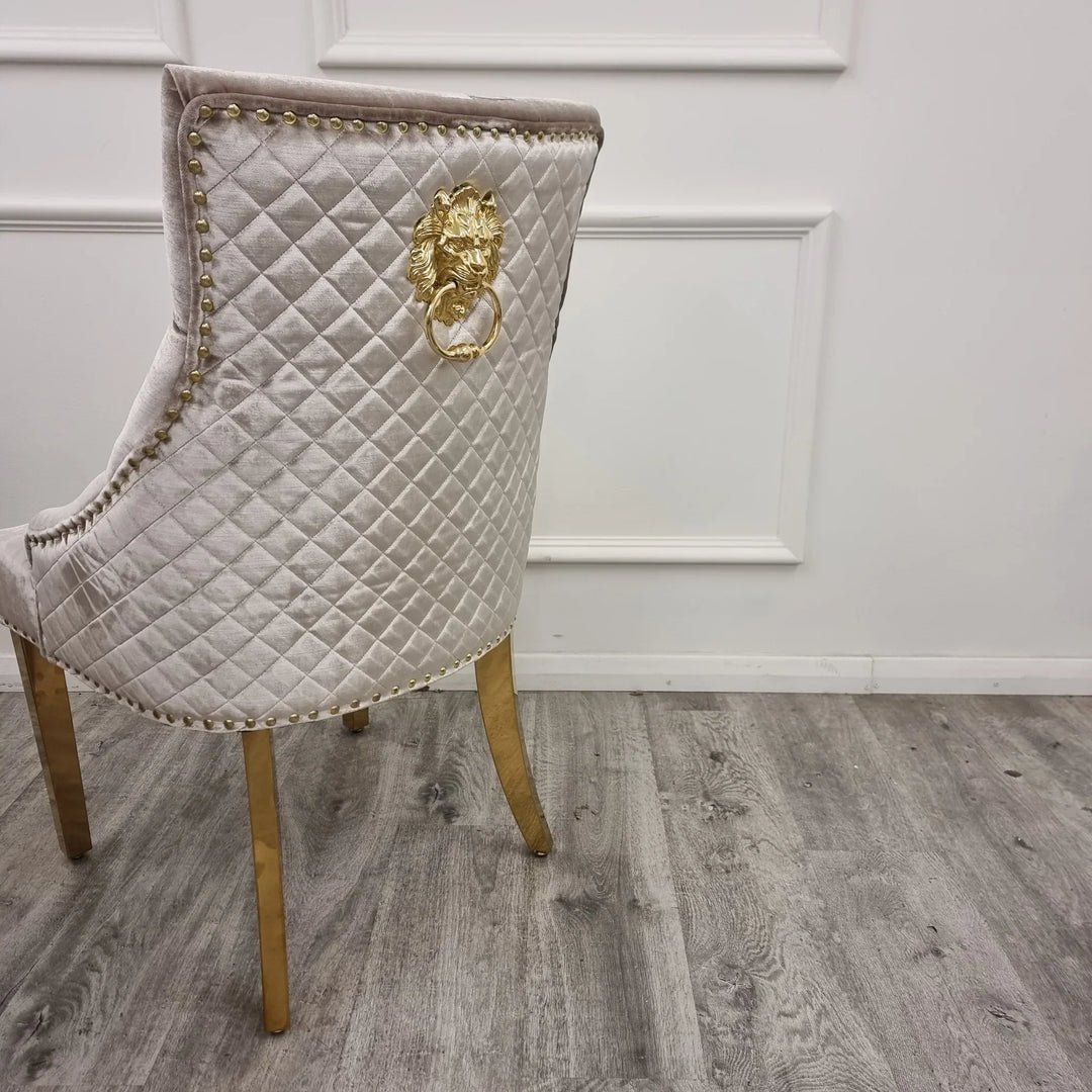 Plush-DC-01 Gold Dining Chair with Lion Knocker & Quilted Back