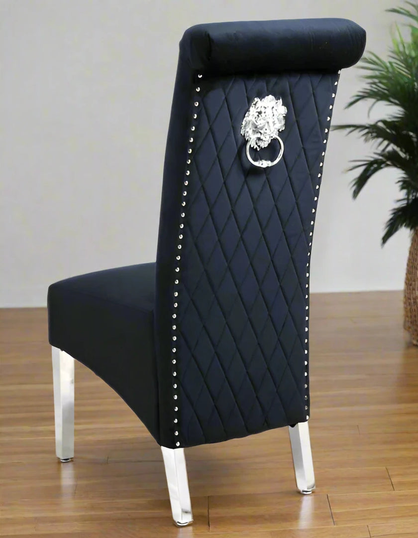 Plush-DC-25 Black Colour Chrome Leg Lion Knocker Dining Chair