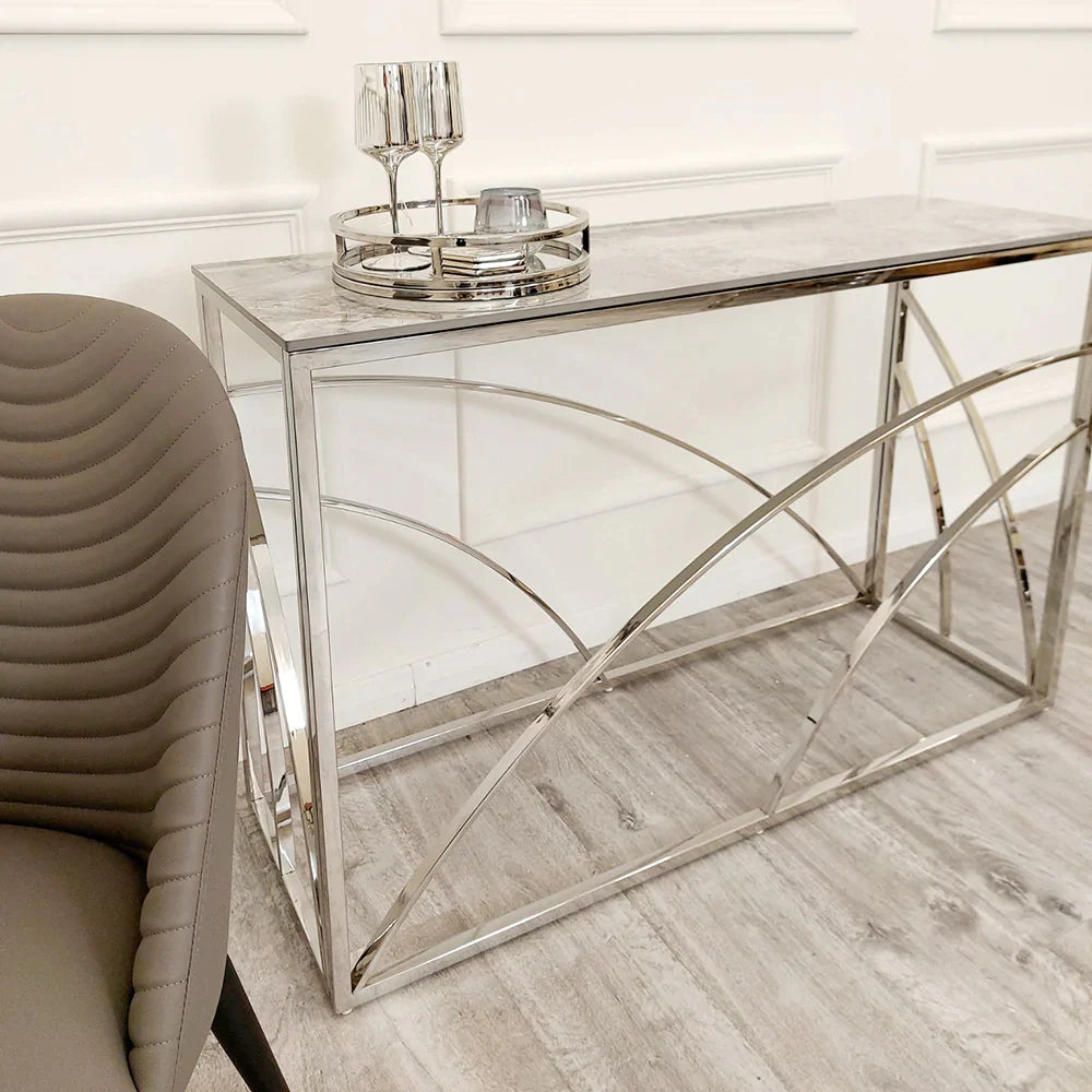 Plush-CNT-34 Chrome Console Table with Stomach Ash Grey Sintered Top