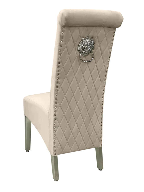 Plush-DC-25 Mink Colour Chrome Leg Lion Knocker Dining Chair