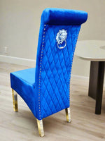 Load image into Gallery viewer, Plush-DC-25 Navy Colour Chrome Leg Lion Knocker Dining Chair
