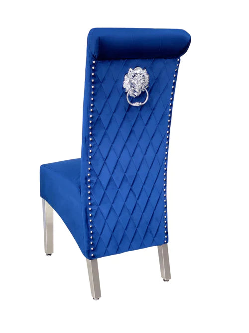 Plush-DC-25 Navy Colour Chrome Leg Lion Knocker Dining Chair