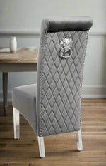 Load image into Gallery viewer, Plush-DC-25 Grey Colour Chrome Leg Lion Knocker Dining Chair
