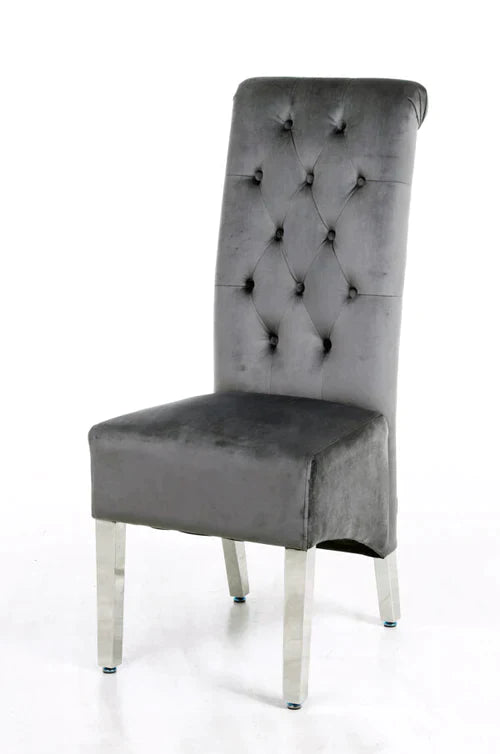 Plush-DC-25 Grey Colour Chrome Leg Lion Knocker Dining Chair