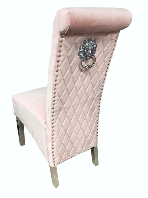 Plush-DC-25 Pink Colour Chrome Leg Lion Knocker Dining Chair