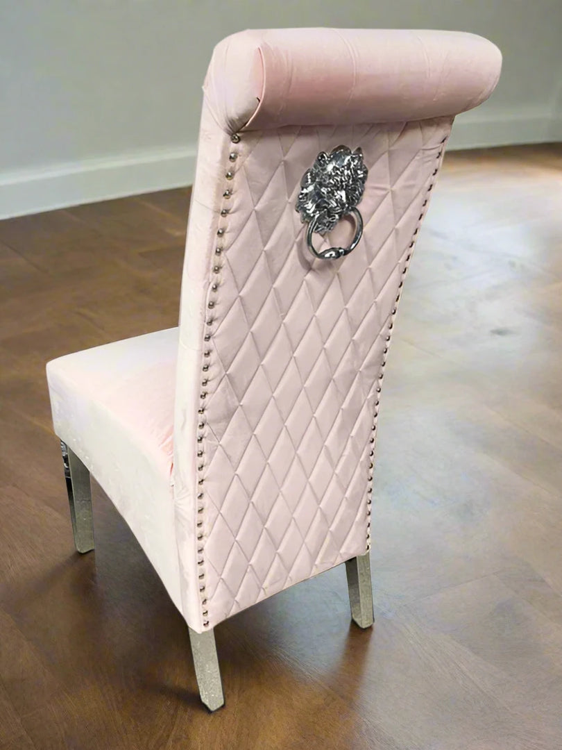 Plush-DC-25 Pink Colour Chrome Leg Lion Knocker Dining Chair